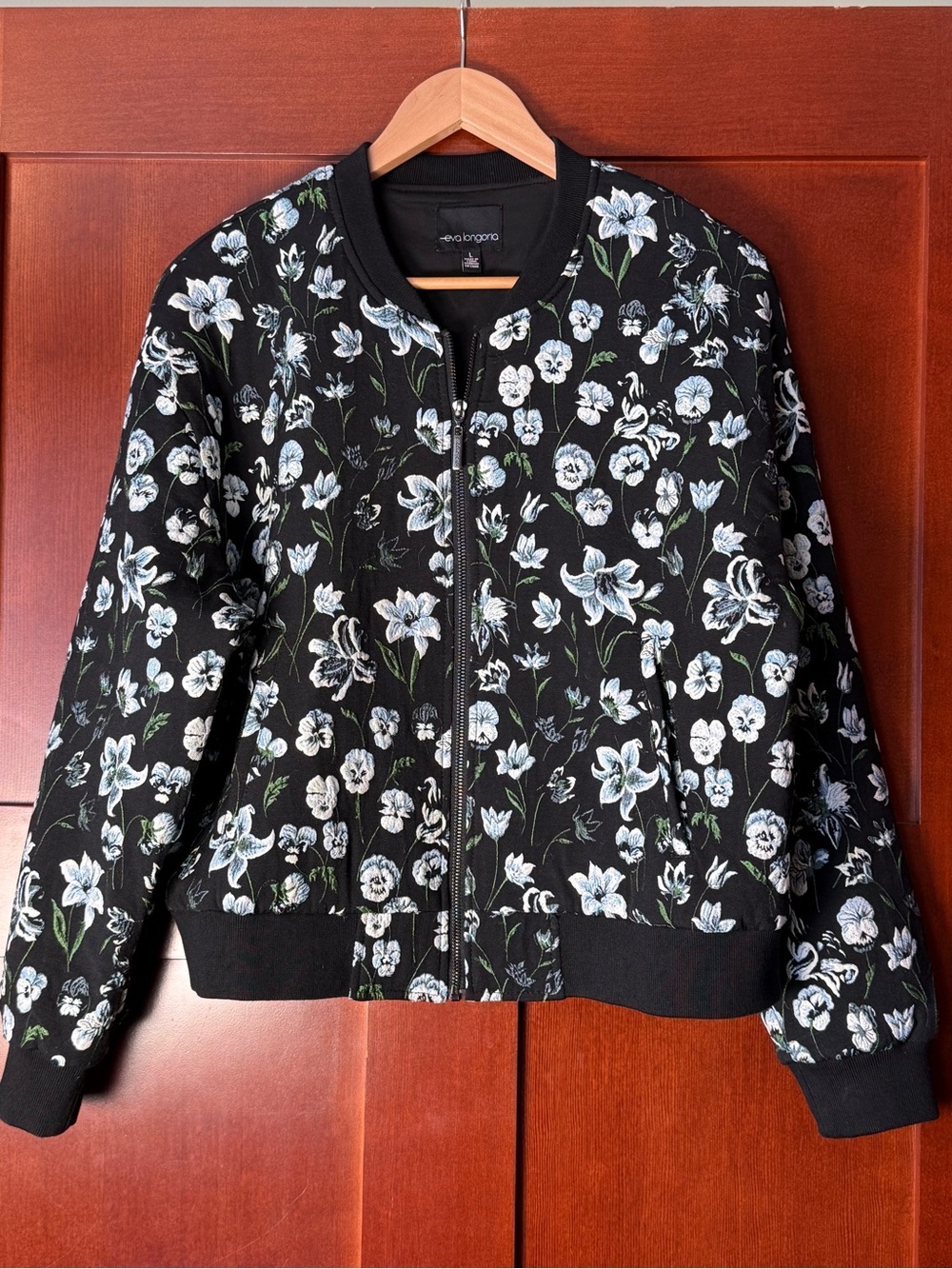 Eva Longoria Floral Bomber Jacket Black & Blue Like New Size Large